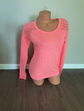Victoria's Secret Pink Women's Neon Orange Lace Top Long sleeve Relaxed Size XS